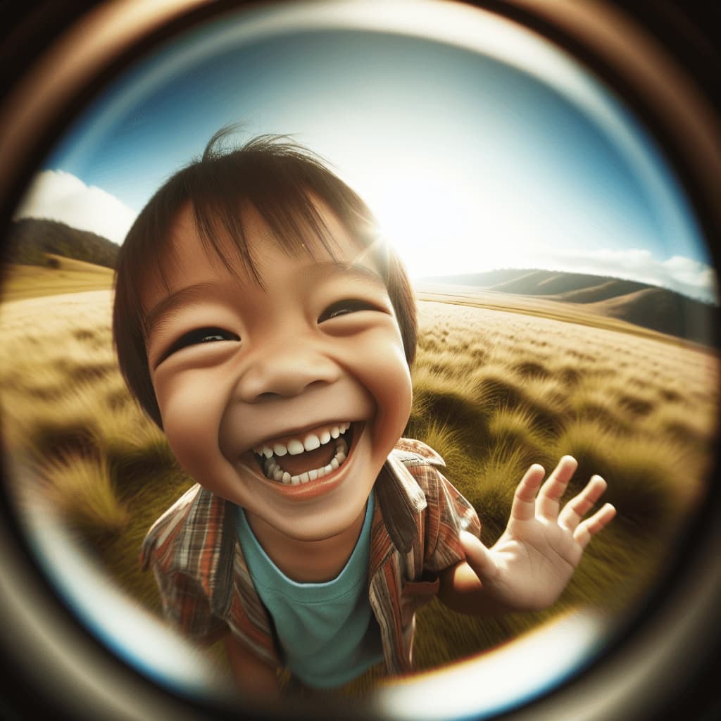 AI-generated children smiling, fisheye lens